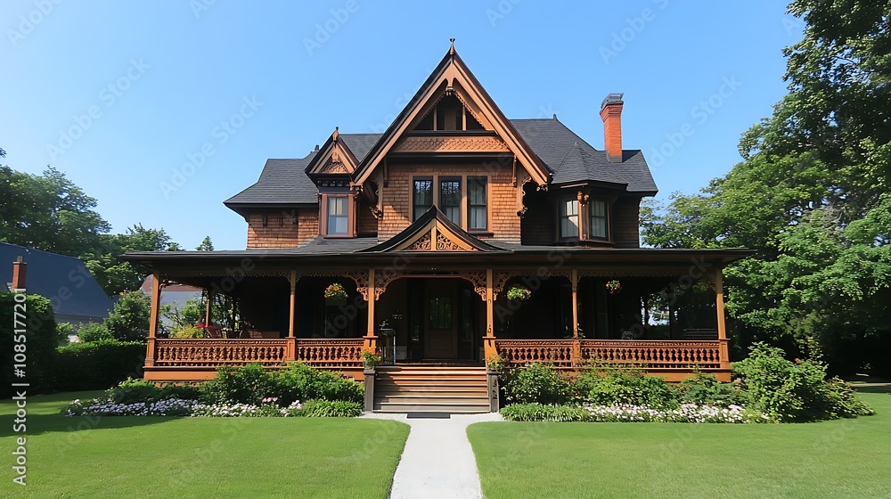 A charming Victorian-style house with a spacious porch and garden. A charming Victorian-style house with a spacious porch and garden.