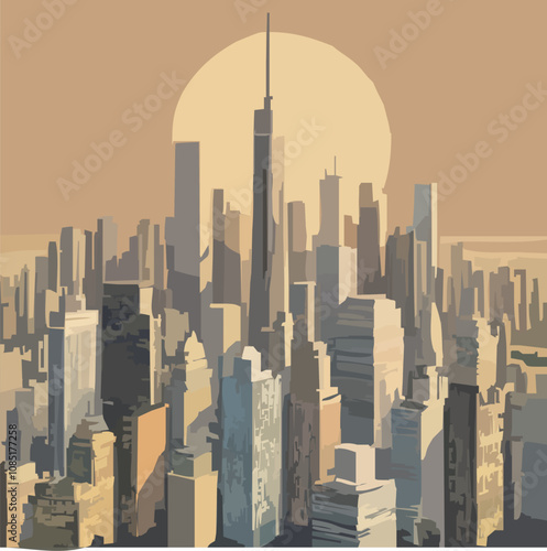 Golden Sunset City Skyline with Skyscrapers Silhouette Illustration