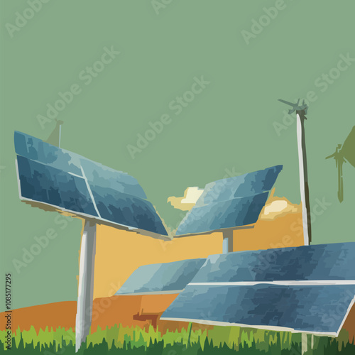Solar Panels Close-Up with Sunset Sky Warm Light Illustration