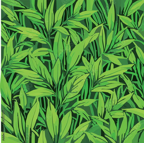 輝くような緑色の葉が敷き詰められた植物のグラフィックパターンのベクターイラスト