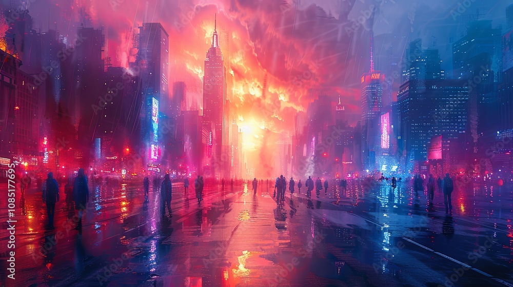 Fototapeta premium Busy downtown scene with neon lights and nightlife activity