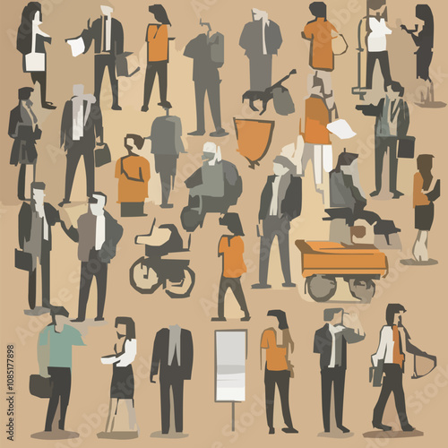 たくさんの忙しく働く男女のベクターイラスト