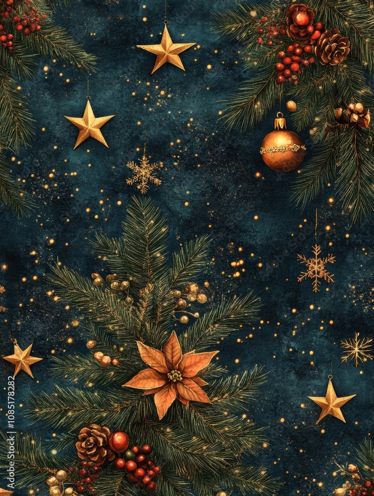 A blue background with a tree and stars A blue background with a tree and stars