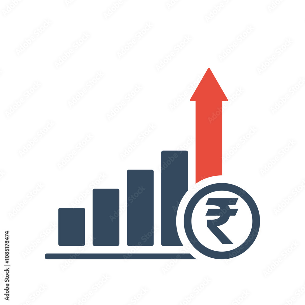 rising trend bar chart with rupee sign and red up arrow, indian currency growth indicator, positive economic dynamic forecast infographic, tax increasing vector icon rising trend bar chart with rupee sign and red up arrow, indian currency growth indicator, positive economic dynamic forecast infographic, tax increasing vector icon