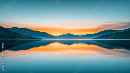 sunset over lake reflecting mountains and sky