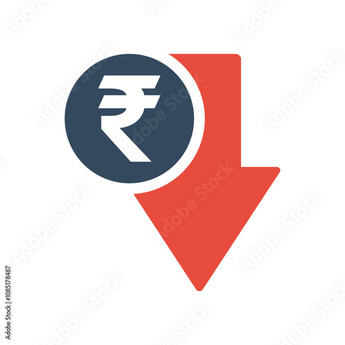 rupee coin with red down arrow, indian economic falling indicator, stock exchange market negative trend, decreased income pictogram