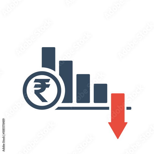 falling trend bar chart with rupee sign and red down arrow, indian currency inflation indicator or income forecast vector icon