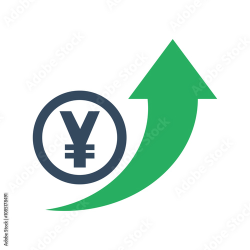 yen or yuan coin with green exponential up arrow, china or japan economic growth indicator, stock exchange market positive trend, rising income pictogram