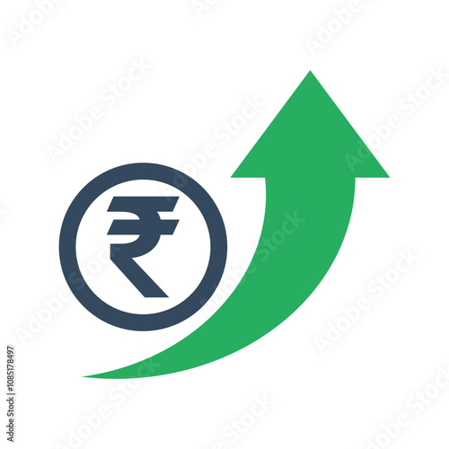 rupee coin with green exponential up arrow, indian economic growth indicator, stock exchange market positive trend, rising income pictogram