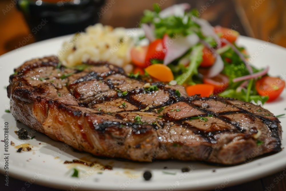 Juicy grilled striploin steak is served with a side of mashed potatoes and fresh salad