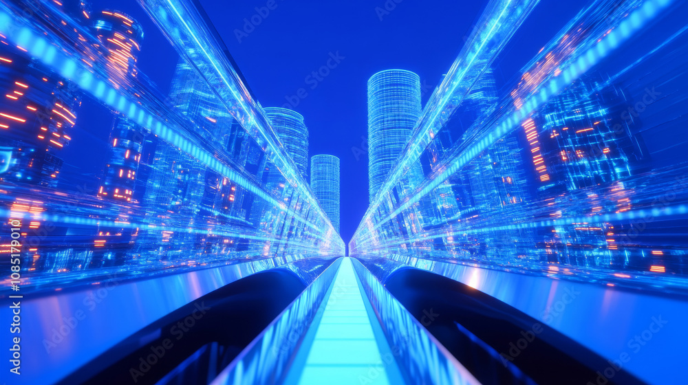 Fototapeta premium 3D futuristic cityscape skyscrapers with neon lights and holographic road blue background. glossy glass texture reflection technology urban landscape wallpaper