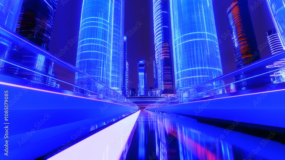 Fototapeta premium 3D futuristic cityscape skyscrapers with neon lights and holographic road blue background. glossy glass texture reflection technology urban landscape wallpaper