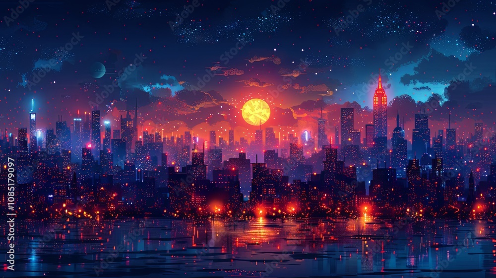 Fototapeta premium Busy downtown scene with neon lights and nightlife activity