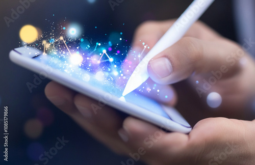 Close-up view of hands using a stylus on a tablet screen photo