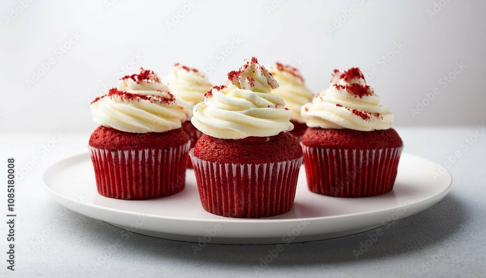 Red velvet cupcakes with cream cheese frosting white plate and white background Red velvet cupcakes with cream cheese frosting white plate and white background