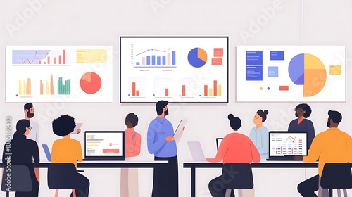 Illustration of various chart types displayed on tablets and laptops during a strategy meeting 