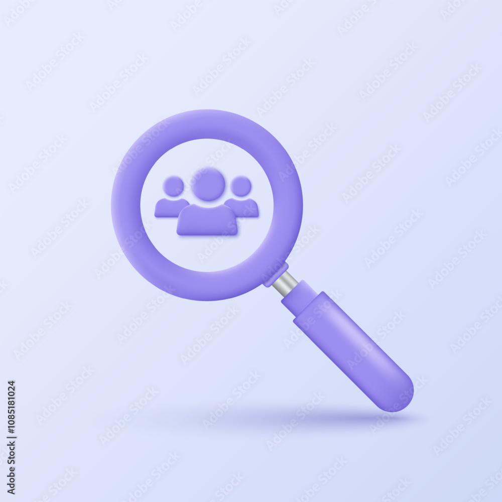 3D magnifying glass with human symbols. 3D design of we are hiring job candidate posts and flyer templates. Join our team, hiring, and open vacancy. Vector and illustration. 3D magnifying glass with human symbols. 3D design of we are hiring job candidate posts and flyer templates. Join our team, hiring, and open vacancy. Vector and illustration.