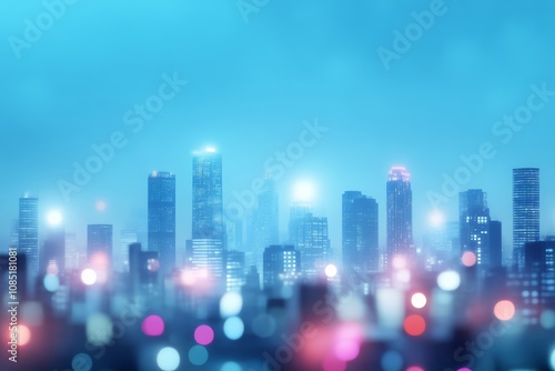 Nighttime city skyline with illuminated skyscrapers and buildings in an urban setting