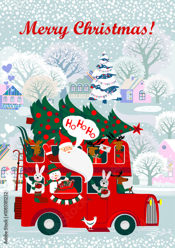 Christmas bus. Merry Christmas greeting card design. Happy New Year festive bus with cute cartoon animals: deers, rabbit bunny. Flat illustration. For print, poster, calendar, textile, souvenirs, card
