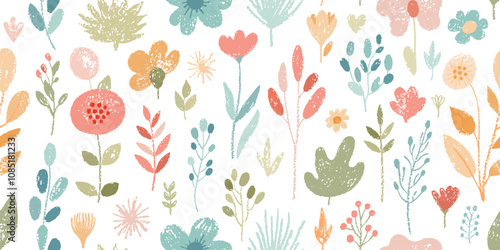 Flower crayon. Pastel chalk pattern. Child vector, spring seamless background. Floral cute kid color wax pattern. Childish pencil flower. Childlike drawing with daisy, grass, bloom. Seamless crayon bg