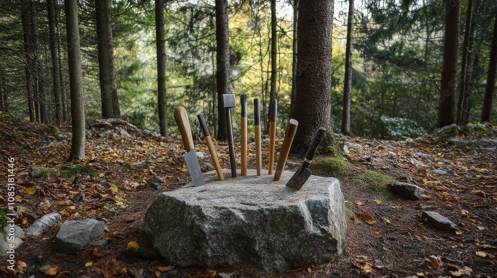 Perfectly set up sculpture tools in a secluded forest glade, chisels and hammers placed around a partially carved stone, Artistic nature style Perfectly set up sculpture tools in a secluded forest glade, chisels and hammers placed around a partially carved stone, Artistic nature style