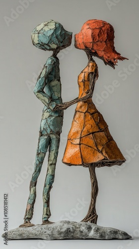 A modern sculpture depicting a couple sharing a tender kiss, embodying love and connection in a unique artistic form. photo