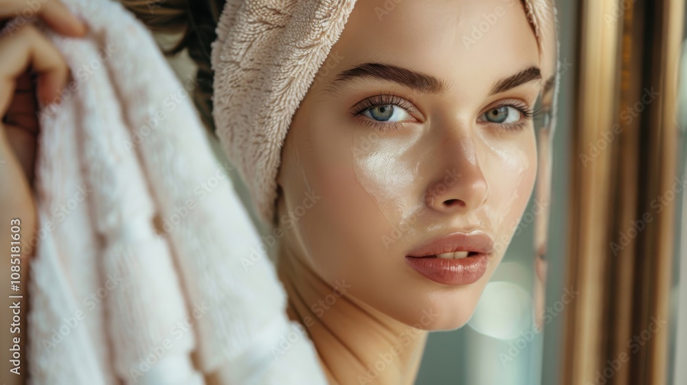 Fototapeta premium A woman with a towel gazes into a mirror while applying cream in a bright, serene bathroom setting