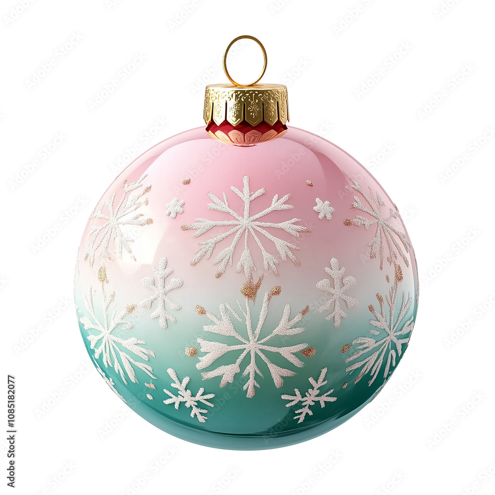 Elegant Christmas ornament with gradient pink and green design, golden snowflakes, and white accents isolated on transparent background, png Elegant Christmas ornament with gradient pink and green design, golden snowflakes, and white accents isolated on transparent background, png