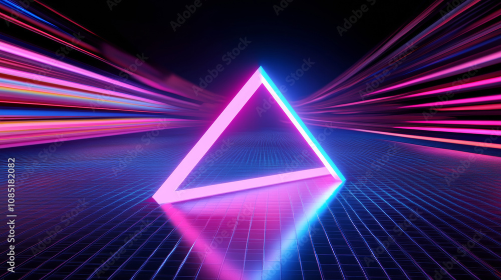 3D neon pink purple blue triangle float in the center abstract digital cyberpunk futuristic background. geometric pattern vibrant fashion game technology holographic cool retro vibe wallpaper 3D neon pink purple blue triangle float in the center abstract digital cyberpunk futuristic background. geometric pattern vibrant fashion game technology holographic cool retro vibe wallpaper