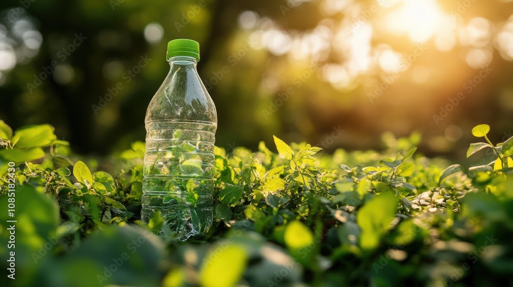 A plastic water bottle rests among vibrant green leaves, illuminated by the warm glow of sunlight, symbolizing environmental awareness. A plastic water bottle rests among vibrant green leaves, illuminated by the warm glow of sunlight, symbolizing environmental awareness.