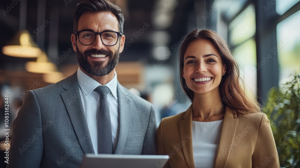 A professional couple smiles confidently in a modern office environment, showcasing teamwork and collaboration with technology. A professional couple smiles confidently in a modern office environment, showcasing teamwork and collaboration with technology.