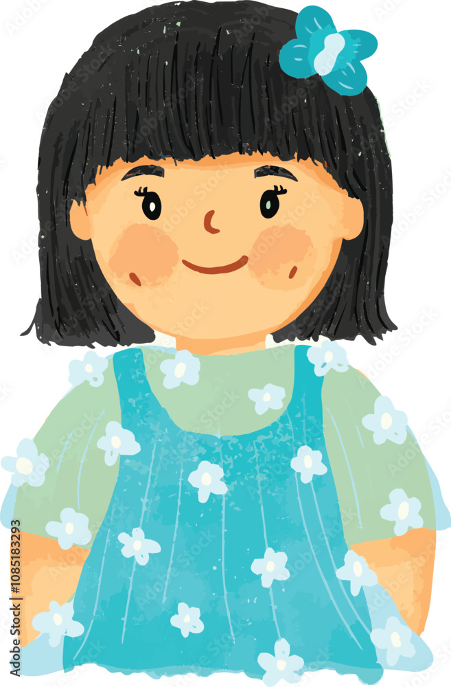 little girl with dimple in blue dress flower floral illustration watercolor cute doodle japanese asian little girl with dimple in blue dress flower floral illustration watercolor cute doodle japanese asian