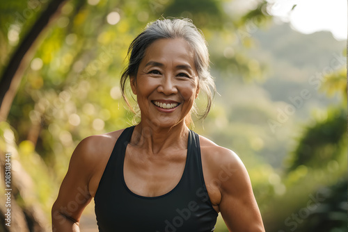 A woman is smiling and wearing a black tank top while running