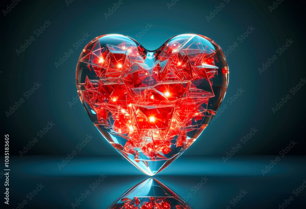 A glass red heart glows from within, against a dark background A glass red heart glows from within, against a dark background