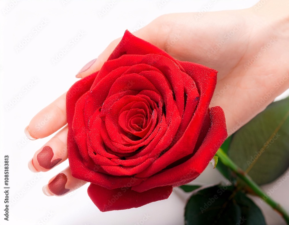 hands holding red roses on a white background, creating an impression of beauty, tenderness and romance hands holding red roses on a white background, creating an impression of beauty, tenderness and romance