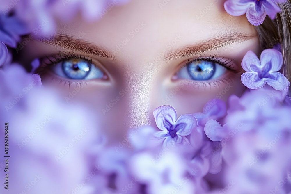 Lilac Dreams: A Close-Up Portrait of Blue Eyes - Serene beauty, captivating blue eyes, lilac blossoms, springtime, feminine grace. Lilac Dreams: A Close-Up Portrait of Blue Eyes - Serene beauty, captivating blue eyes, lilac blossoms, springtime, feminine grace.
