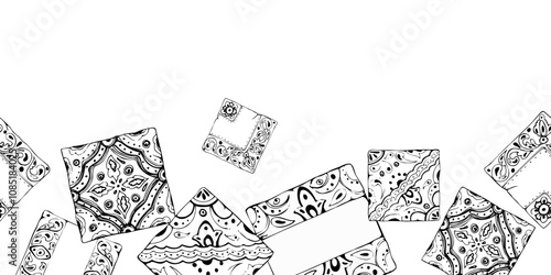Mexican Arabic Mediterranean Moroccan mosaic motif, azulejo wall floor glazed tile ornament. Isolated seamless banner. Hand drawn ink vector illustration. Design brochure, home decor architecture