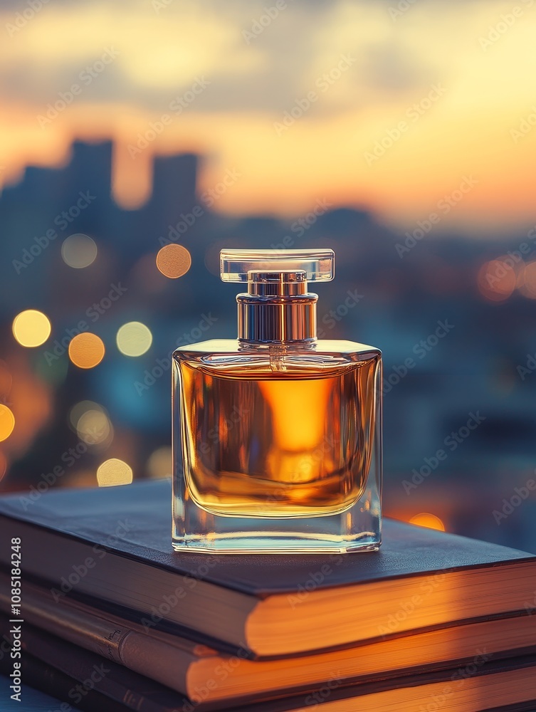 Luxurious Perfume Bottle at Sunset - Perfume bottle on books, sunset city backdrop, luxury, fragrance, romance. Luxurious Perfume Bottle at Sunset - Perfume bottle on books, sunset city backdrop, luxury, fragrance, romance.