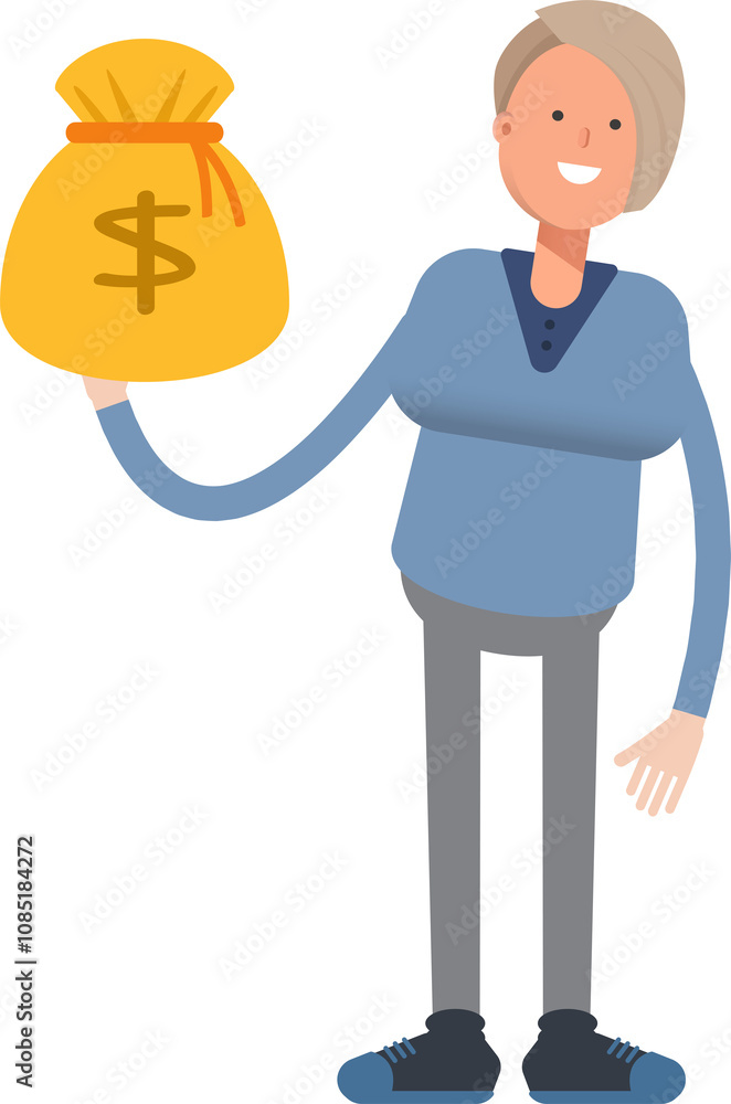 Woman Character Holding Dollar Sack
