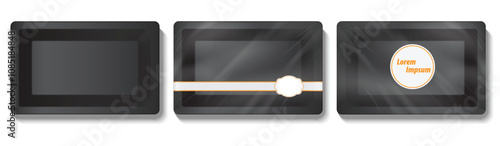 Set Illustration of Black Plastic Tray with Brown Paper Band and Transparent Film Wrap for Frozen Meat Products