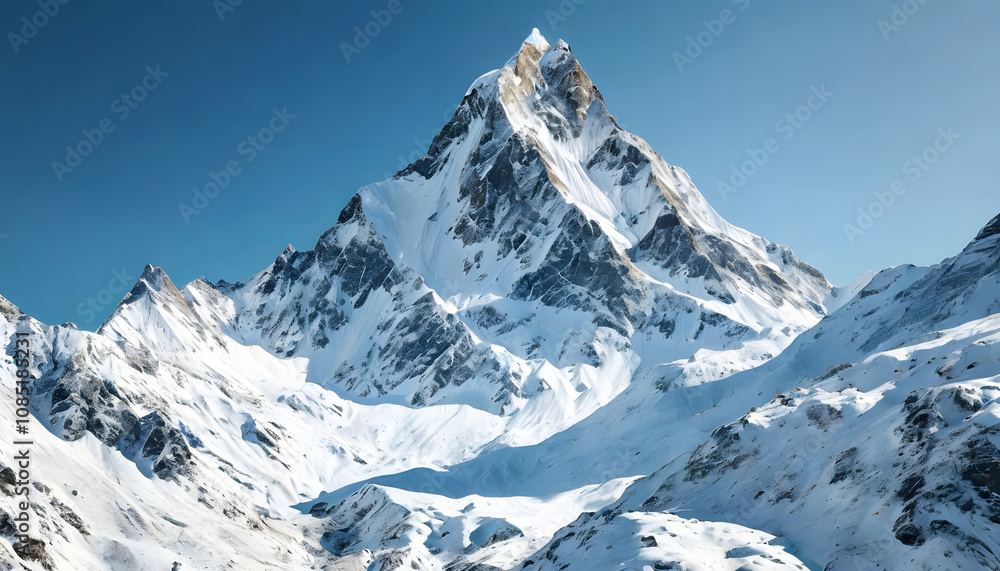 Obraz premium Stunning towering snow-covered mountain peak under a clear blue sky