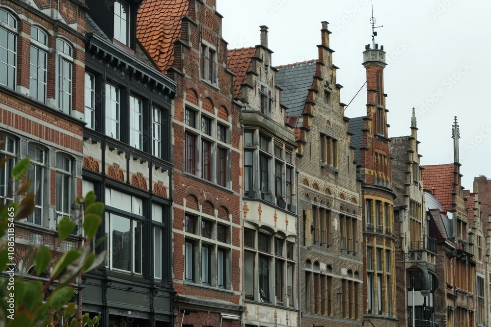 Obraz premium Row of traditional brick buildings with unique architectural details are standing along a canal in ghent, belgium