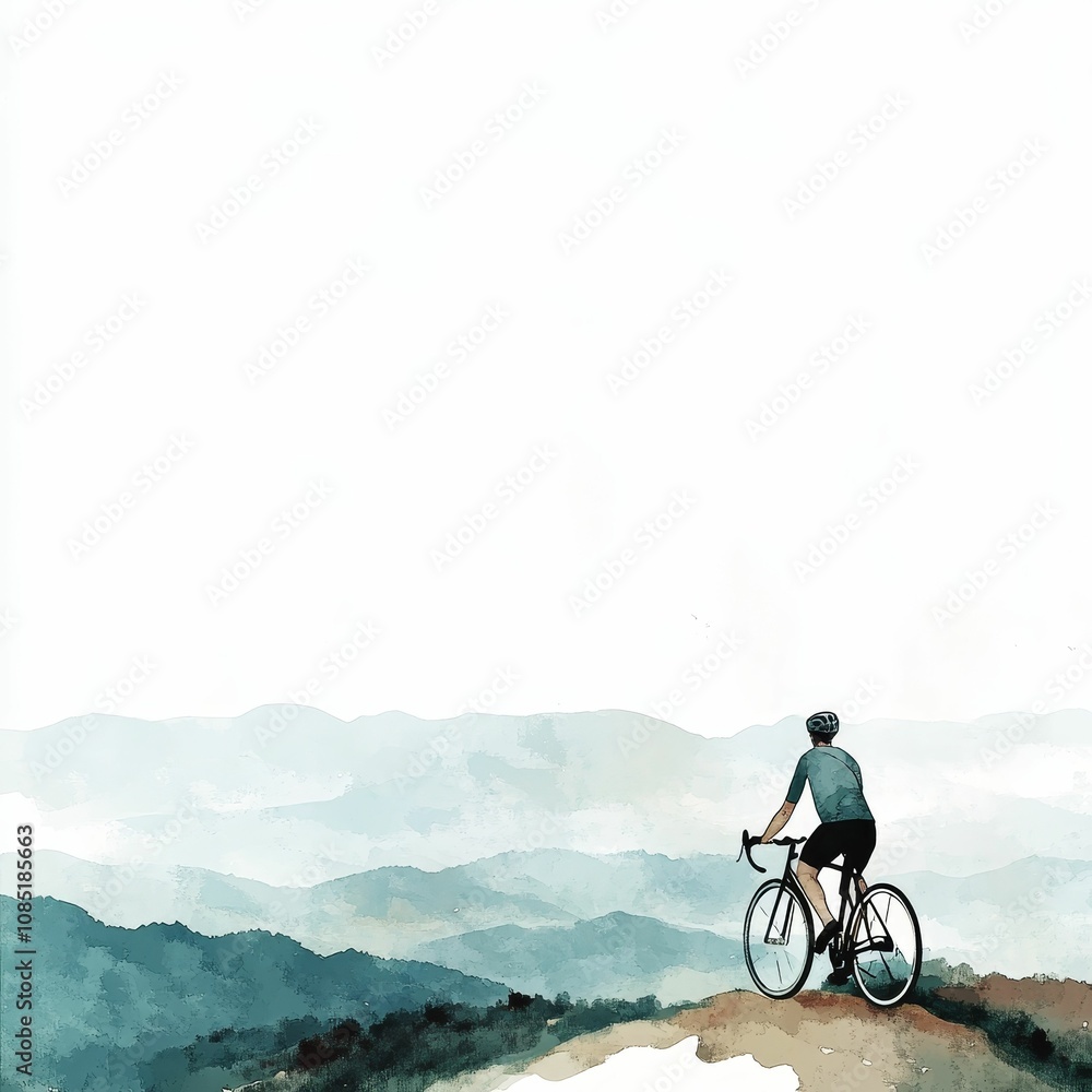 A cyclist on a mountain overlooking a valley. A cyclist on a mountain overlooking a valley.
