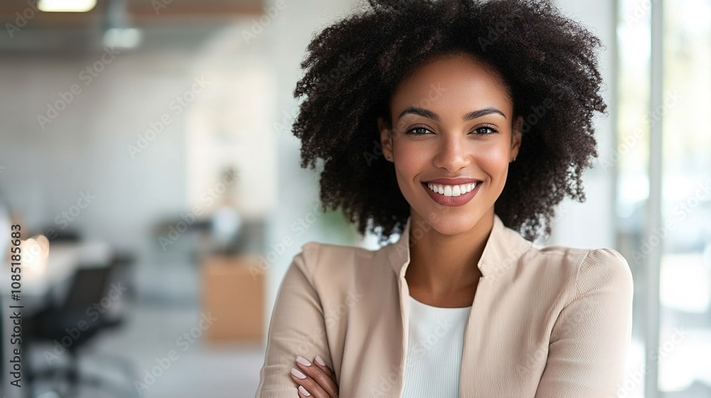 Confident Young Woman with Curly Hair Smiling in Modern Office Environment, Radiating Professionalism and Positivity Confident Young Woman with Curly Hair Smiling in Modern Office Environment, Radiating Professionalism and Positivity