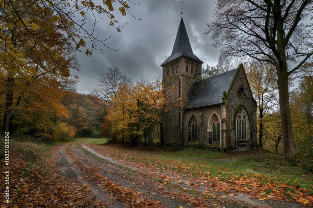 Obraz premium Old church is nestled in an autumn forest with a dirt road leading up to it