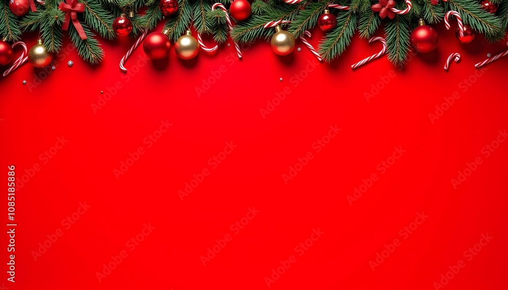 Vibrant red Christmas backdrop with festive ornaments, candy canes, and lush green garland, ideal for holiday promotions, festive cards, or seasonal marketing campaigns. Vibrant red Christmas backdrop with festive ornaments, candy canes, and lush green garland, ideal for holiday promotions, festive cards, or seasonal marketing campaigns.