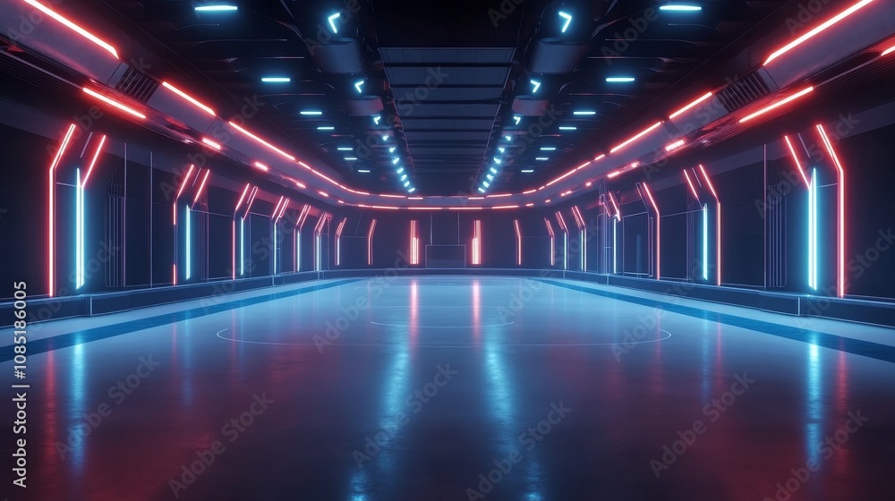 Fototapeta premium Neon-lit Empty Hockey Rink in Futuristic Stadium - Futuristic hockey rink, neon lights, empty arena, vibrant colors, modern architecture. Symbolizes: competition, technology, sport, future, design.