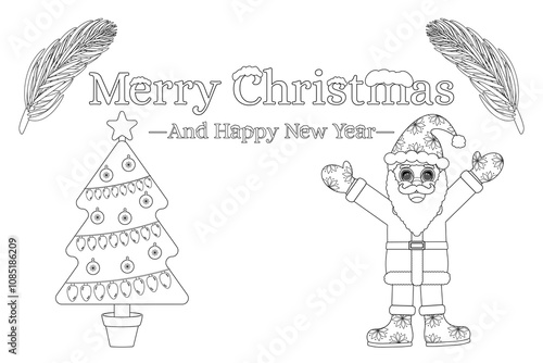 A festive Christmas coloring page featuring Santa Claus, a decorated Christmas tree, and holiday greetings. Perfect for holiday fun.
