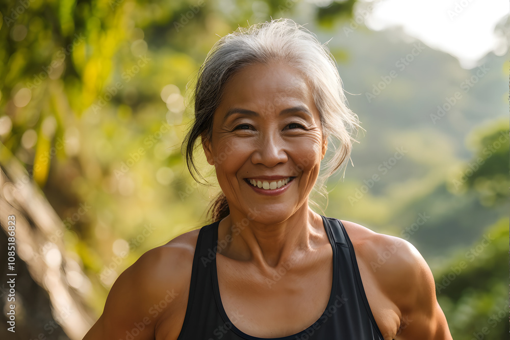 A woman with a big smile on her face is wearing a black tank top A woman with a big smile on her face is wearing a black tank top