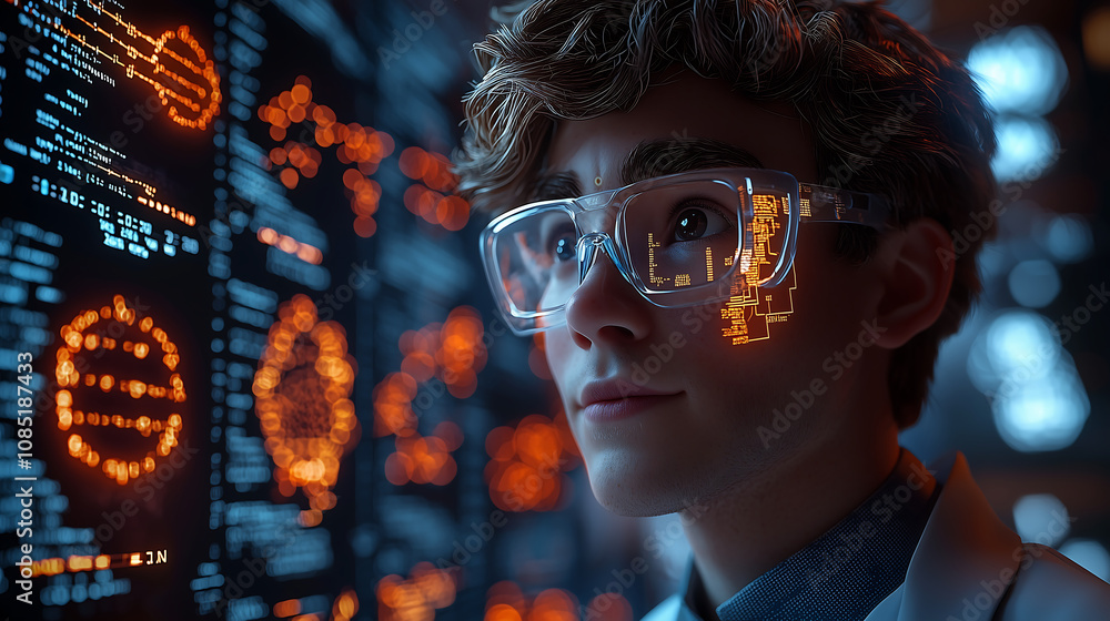 Futuristic Scientist Analyzing Data with Smart Glasses Futuristic Scientist Analyzing Data with Smart Glasses